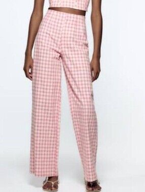 Zara high-waisted, wide-leg gingham trousers plaod pants